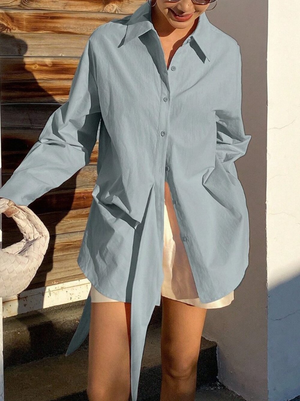 Blue Casual Women's Loose Button Front Asymmetrical Shirt